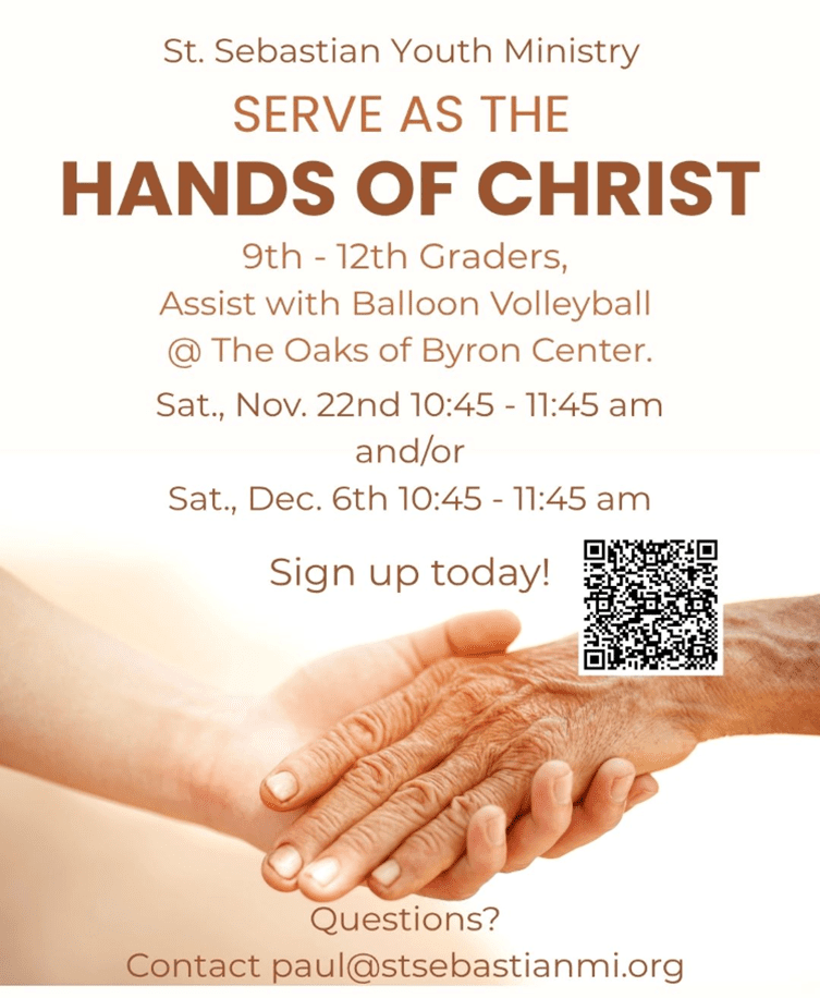 YM High Schoolers
Assist with Balloon Volleyball at
The Oaks of Byron Center
Sat. Nov. 22 | 10:45am-11:45am and/or
Sat. Dec. 6 | 10:45am-11:45am
